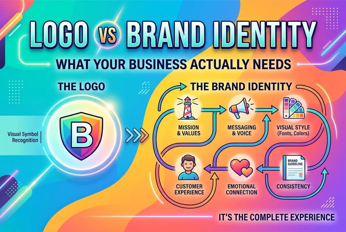 Logo versus full brand identity system comparison showing the difference in scope