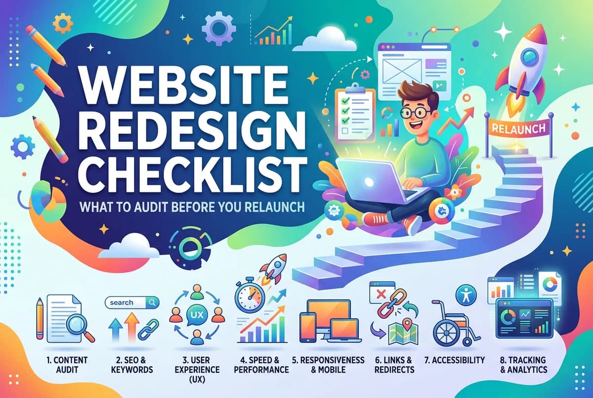 Website redesign audit checklist covering analytics, messaging, and performance review