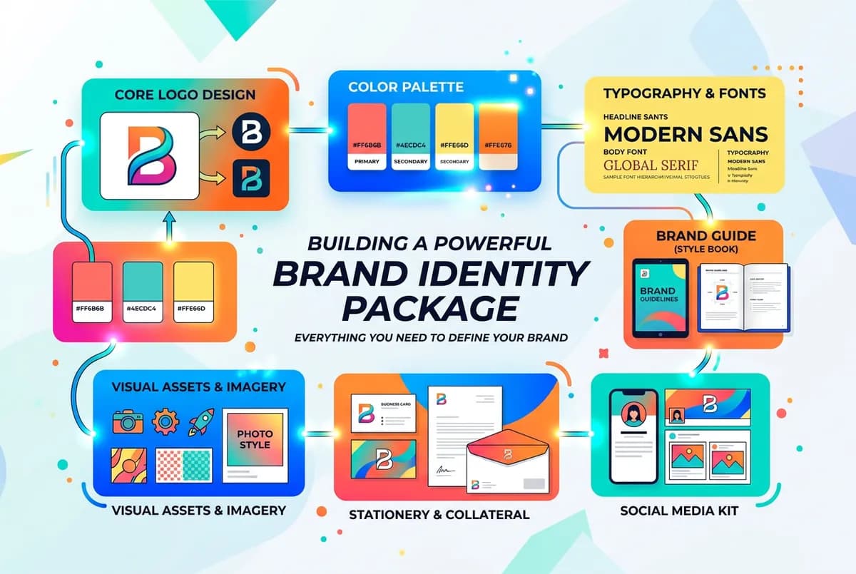 Brand identity package components including logo files, color palette, typography, and brand guidelines