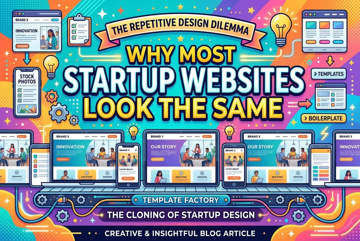 Side-by-side startup websites showing identical gradient hero, feature columns, and generic social proof sections